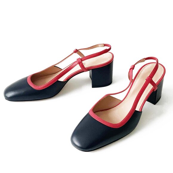 BROOKS BROTHERS Navy Blue & Orange Leather Slingback Block Heel Shoes – Size 8 - Picture 3 of 7